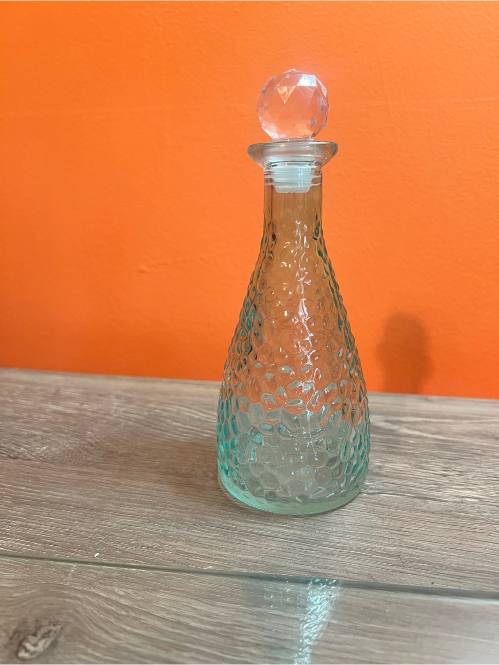 Textured Teal Glass Decanter Bottle in Aqua with Faceted Stopper
